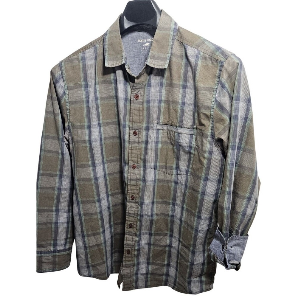Horny Toad Mens Large Plaid Button Up Shirt Organic Cotton Blend Olive Grey L